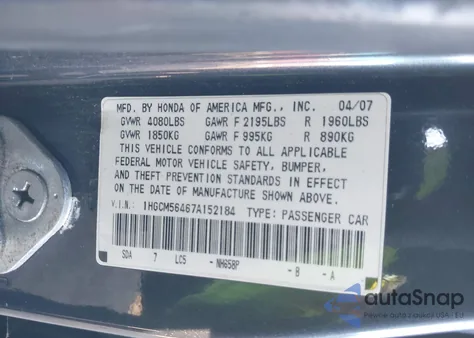 2007 Honda Accord 2.4 Lx z USA, uszkodzony, nr VIN 1HGCM56467A152184